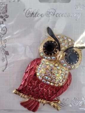 Chloe Accessory Red Rhinestone Owl Brooch 1x2" On A Limb Sparkly New